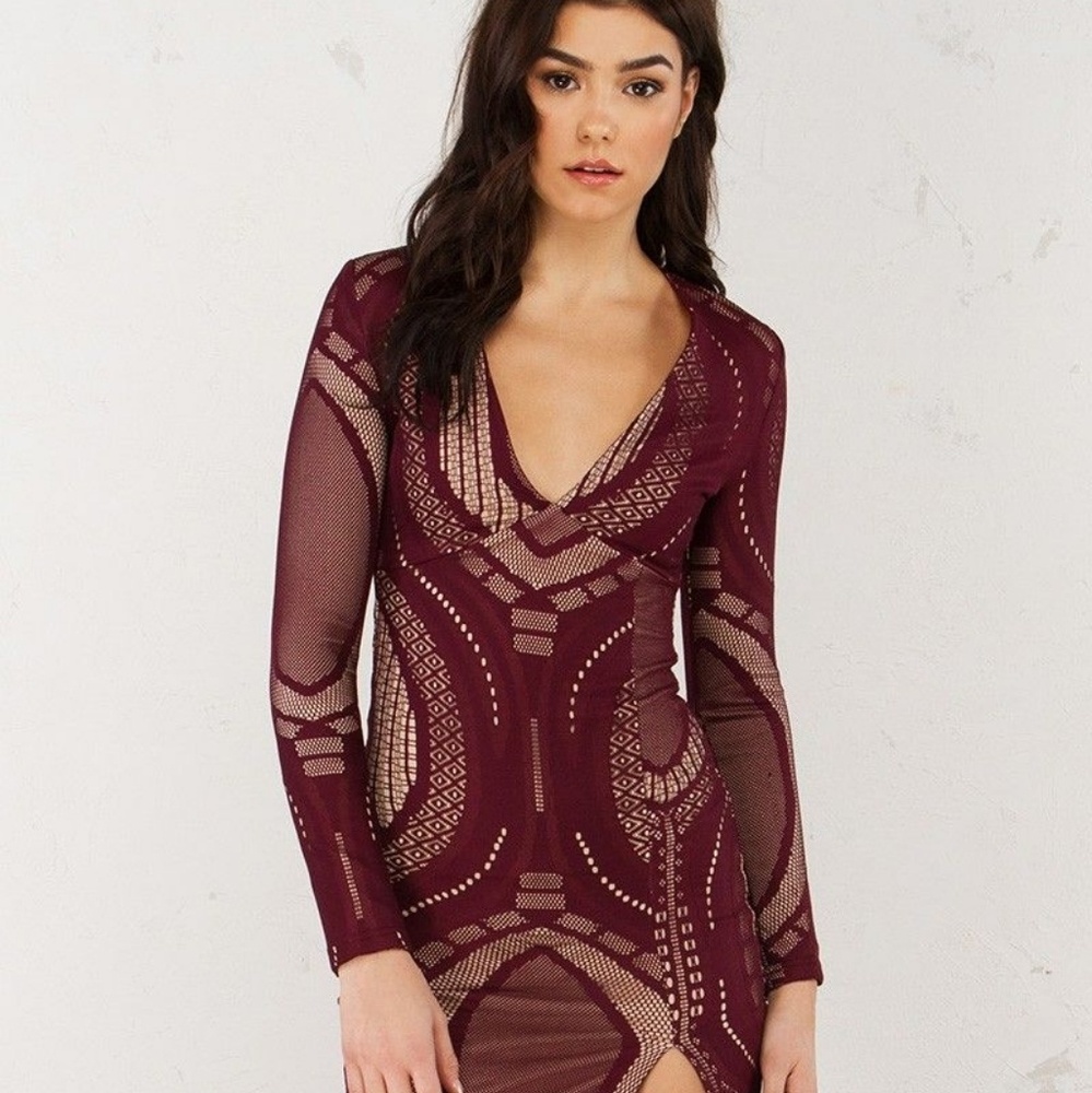 AKIRA Burgundy Nude Lace Long Sleeve Bandage Dress